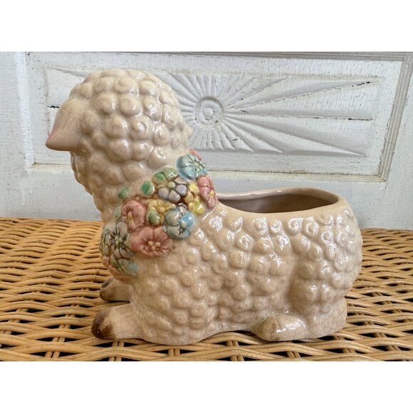 Vintage 60's Planter Pot Cute Sheep With Flower Collar Retro Kitsch - Picture 4 of 7